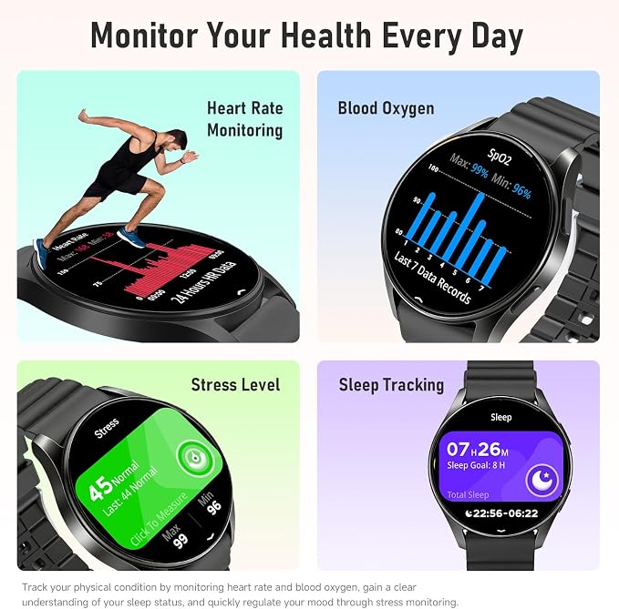 KPEP Smart Watch for Men/Women Android/iPhone - GPS Fitness Tracker with Bluetooth Calls(Answer&Make), Heart Rate/SpO2 Monitor/Sleep/Waterproof/100+ Sports Model, Reloj Inteligente 30 Day+Battery Life