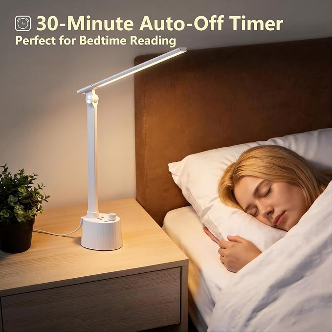 BOHON Small Desk Lamp with USB C Charging Port, Stepless Dimming 5 Colors Reading Light, Space-Saving Rotating Head Desk Lamp for Home Office, Dorm, Bedroom, White