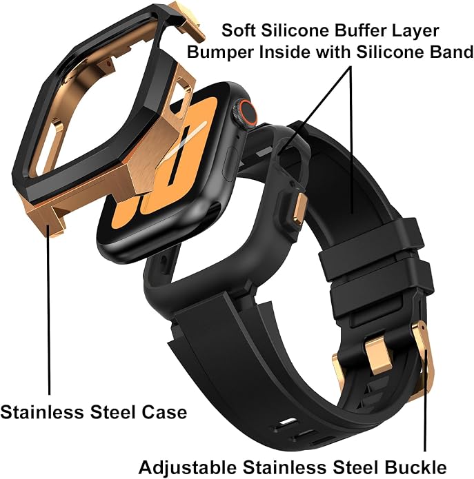 Luxury Metal Case with Band Compatible for Apple Watch 44mm 45mm 46mm 49mm,Men Rugged Protective Bumper Cover with Soft Silicone Strap for iWatch Series 11/10/9/8/7/6/SE3/SE2/SE/5/4 and Ultra 3/2/1 49mm