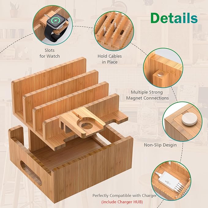 Pezin & Hulin Bamboo Charging Station for Multiple Devices with 5 Port USB Charger,5Cables,Smart Watch&Earbuds Stand, Desk Docking Stations Electronic Organizer for Cell Phone, Tablet (Natural)