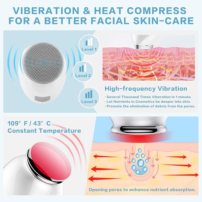 Face Scrubber, Exfoliate Face Brush, 2 in 1 Electric Vibration & Heated Face Scrubber for Cleansing & Massage, Suitable for Sensitive & Acne-Prone Skin, 5 Speed for Deep Facial Cleansing