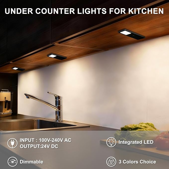Under Counter Lights for Kitchen, Plug in Linkable LED Dimmable Hard Wired Under Cabinet Lighting for Kitchen Counter Closet, 3000K/4000K/5000K, 0.28 inch Ultra Thin, 3-in-1, Black, ETL