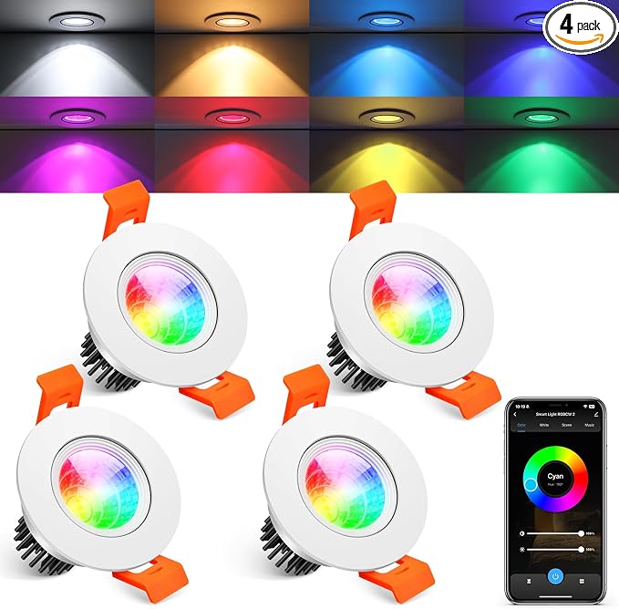 2 Inch Smart Recessed Lighting, 5W WiFi Recessed LED Lights, Dimmable RGB Color Changing & CCT 2700K–6500K, Compatible with Alexa & Google Home, Canless Smart Ceiling Light with Driver (4 Pack)