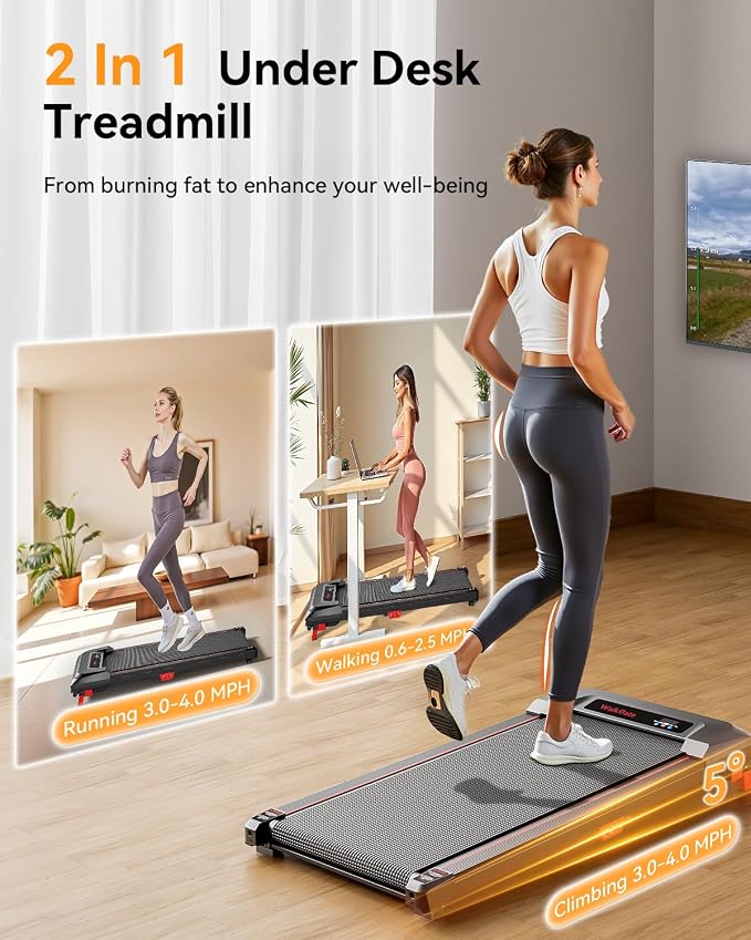 Walking Pad, Incline Walking Pad Treadmill, Under Desk Treadmills 265 Lbs Capacity, 2.5HP Low Noise Portable Running Machine for Home and Office, with LED Display, Remote Control