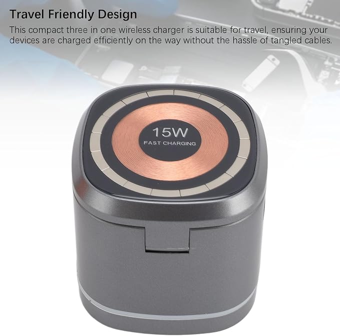 Wireless Charger, 3 in 1 Fast Charging Station 15W Output, Strong Magnetic Alignment, Hidden Earbud Pad for Smartphone, Smartwatch, Earphones