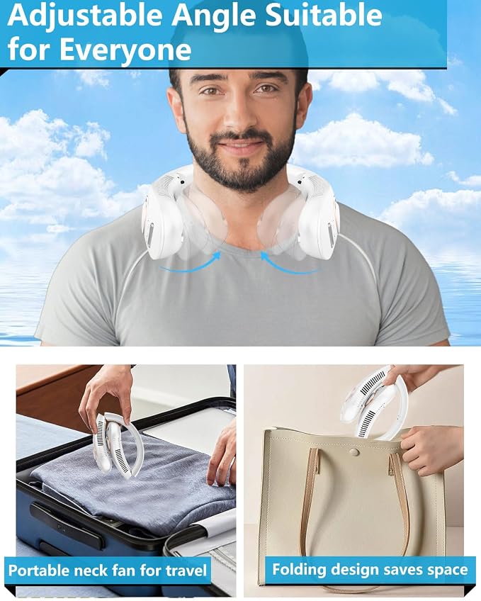 Neck Fan that Blow Cold Air with Mist, 5 Speeds USB-C Rechargeable 4000mAh Battery, Folding Personal Mister with LED Display, Bladeless Wearable Neck Air for Kids Women Men Outside Sports Work, White