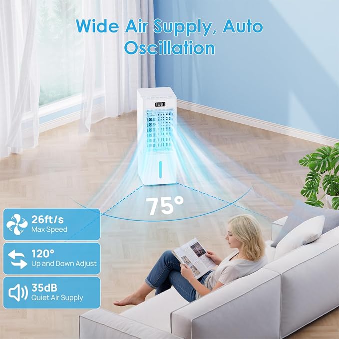 Swamp Cooler, 6L Windowless Portable Air Conditioners, 3-IN-1 Evaporative Air Cooler with Remote, 4 Modes & 3 Speeds, 4 Ice Packs, Auto Oscillating, 12H Timer, Quiet Cooling Fan