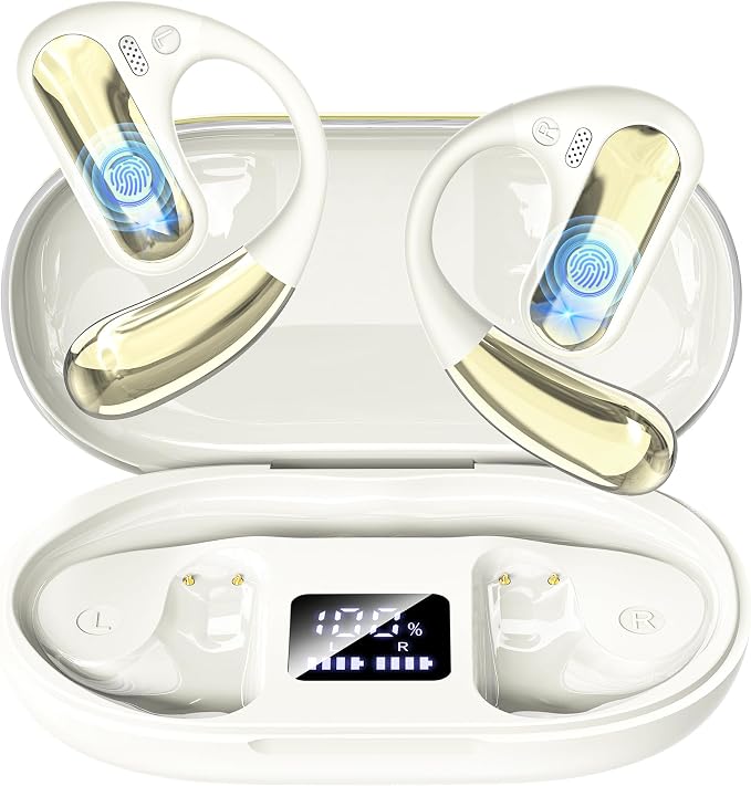 CoolJumper Open Ear Bluetooth 5.4 Headphones with Ear Hooks, 16.2mm Large Driver, 60H Total Playtime LED Digital Charging Case, IPX7 Waterproof, ENC Clear Call Sports Earbuds for Running Gym Commute