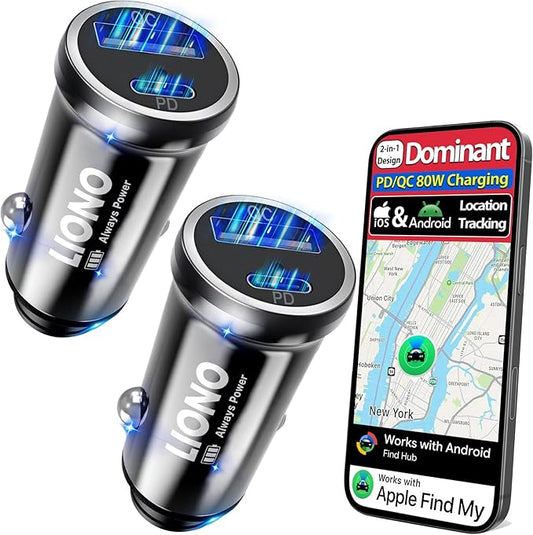 USB C Car Charger 80W Fast Charging with GPS Tracker, Dual Port Cigarette Lighter Adapter Car Phone Charger, 40W PD & QC for iPhone 17–8, Galaxy S25–21, Hidden Car Tracking Devices & Family Safety
