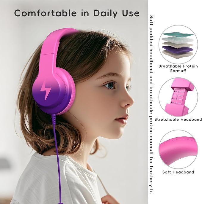 Candy Bila Kids Headphones, Wired Headphones for Kids Over Ear with Microphone, 85/94dB Volume Headphone for Girls Boys, Foldable Headphone for Learning & Entertainment, Deep Purple and Pink