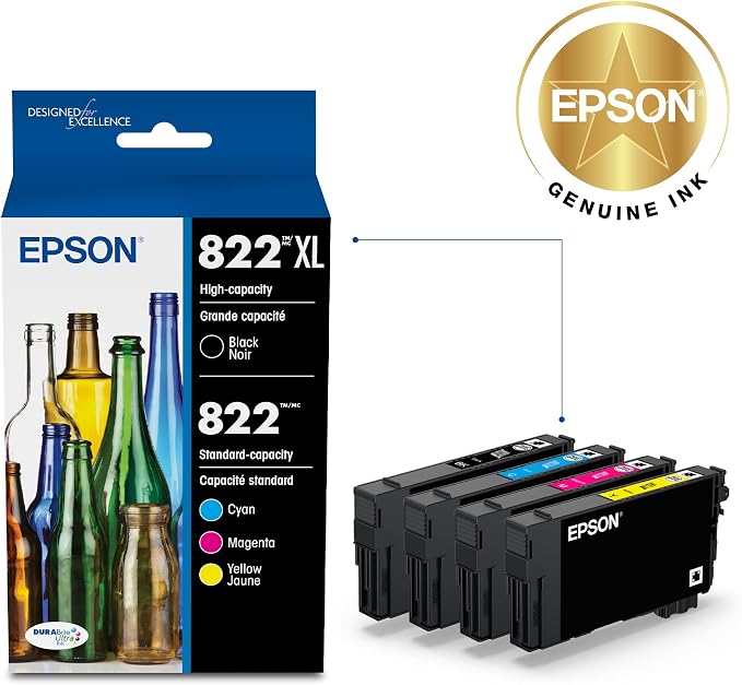 EPSON 822 DURABrite Ultra Ink High Capacity Black & Standard Color Cartridge Combo Pack (T822XL-BCS) Works with WorkForce Pro WF-3820,3823, 4820, 4830, 4833, 4834