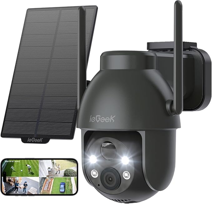 ieGeek Solar Camera Outdoor Wireless, 2K WiFi Outside Cameras for Home Security, Battery Powered 3MP Surveillance Cam with 360° PTZ Color Night Vision, PIR Motion Detection Sensor, Siren, 2-Way Audio