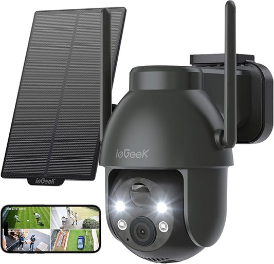 ieGeek Solar Camera Outdoor Wireless, 2K WiFi Outside Cameras for Home Security, Battery Powered 3MP Surveillance Cam with 360° PTZ Color Night Vision, PIR Motion Detection Sensor, Siren, 2-Way Audio