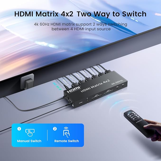 4x2 HDMI Matrix, 4K@60Hz 4 in 2 Out HDMI Switch Splitter with IR Remote, HDMI Matrix Switch + Optical + 3.5mm Audio Output, Support HDMI2.0, HDCP2.2, Auto Downscaler, 3D, Audio Extractor