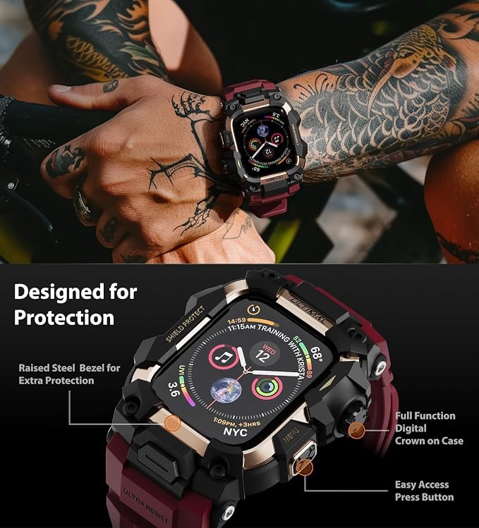 ULTIMAL Rugged Case with Band for Apple Watch 45mm,Compatible with Apple Watch Series 9/8/7 45mm Band Men,Military Grade Shockproof Bumper Cover for iWatch Tactical Band Men (45mm, Red)