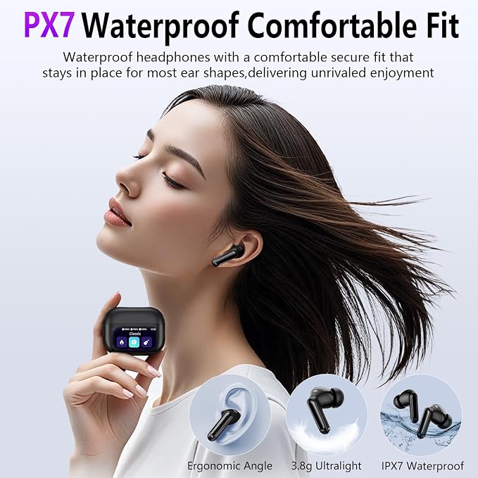 Thunelec Wireless Earbuds with Touch Screen, 2026 New Bluetooth 5.4 Headphones with ANC/ENC Mic, 50H HiFi Stereo Ear Buds with 5 EQ Modes, Transparency Mode, IPX7 Earphones for Running/Fitness, Black