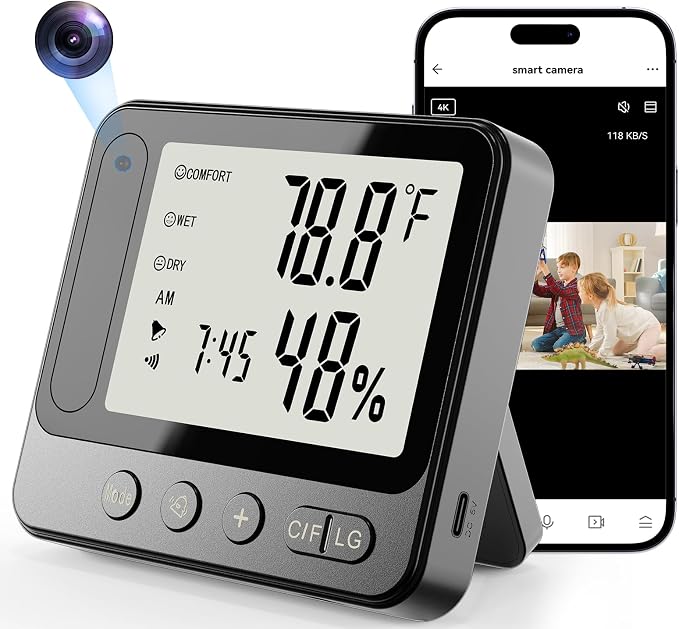 Hidden Camera Thermometer Hygrometer, 4K Discreet Nanny Camera - WiFi Remote View, Night Vision, Motion Detection,3-in-1 Wireless Spy Camera for Home/Office/Pet (Black)