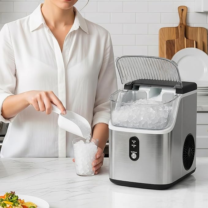 Antarctic Star Nugget Ice Makers Countertop with Handle, 35lbs/Day, Portable Sonic Ice Machine with Auto-Cleaning, Basket and Scoop for Home/Kitchen/Office/Camping(Stainless Steel Silver)