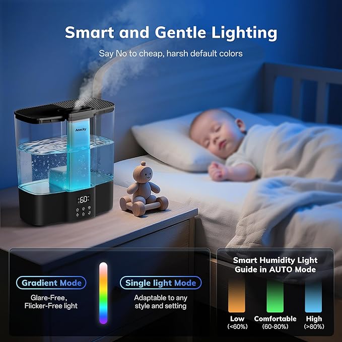 AEOCKY Geek-Level Humidifier for Baby, Quiet Ultrasonic Humidifiers for Bedroom, Nursery with Ambient Light, 4L Top-Fill Cool Mist Diffuser with Timer, Sleep, Auto, Constant Humidity Mode (Black)