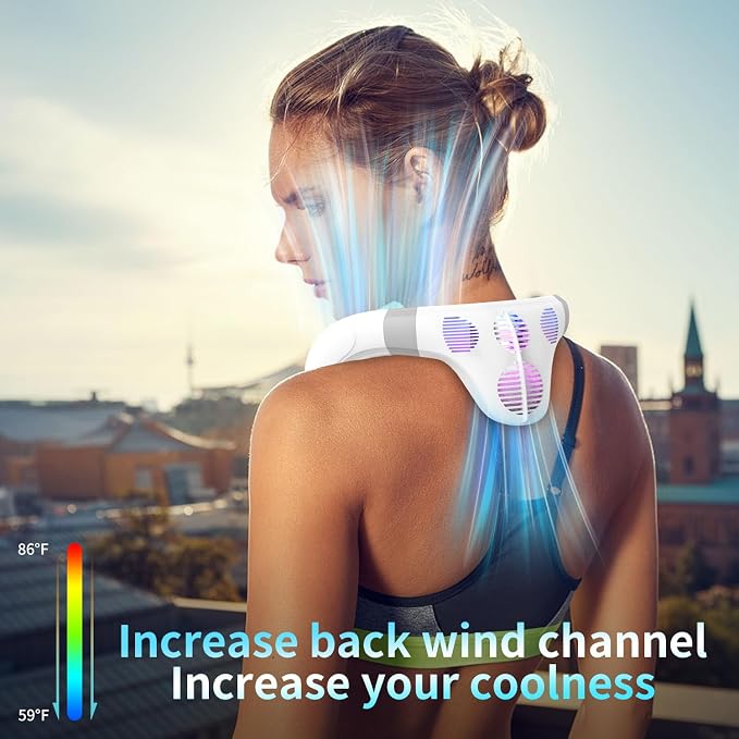 Neck Fan Back-Windy 6000mAh with Cooling Plate Cold Compress Bladeless Portable Thermo-Electric Cooler Rechargeable Holiday Essentials for Women Men Outdoor Camping Gardening Walking(White)