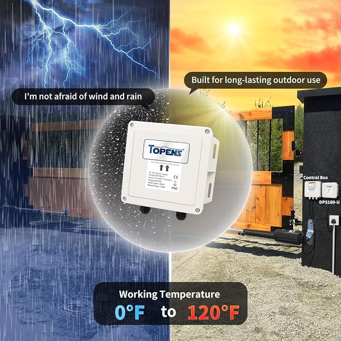 TOPENS DPS180-U AC-DC Power Supply Adapter 100-240VAC to 24VDC 150W Transformer Waterproof Converter Outdoor Use for Automatic Gate Openers CCTV Security Cameras LED Strip Lights