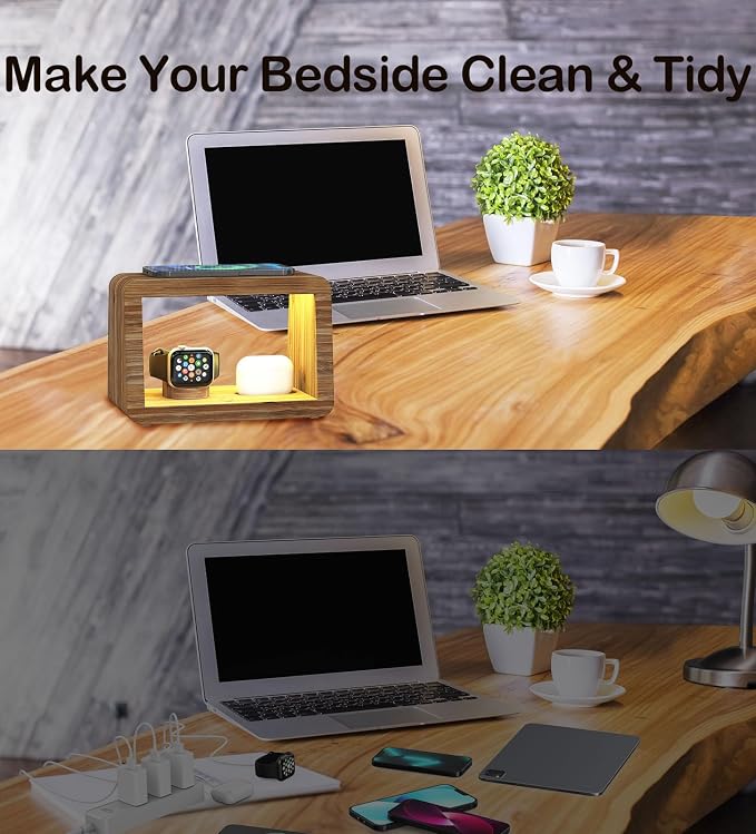Bamboo Charging Station for Multiple Devices, 15W Fast Wireless Charger Night Light with 3 Color& 4 Adjustable Brightness, Night Stand Charger Station for iPhone/iWatch/AirPods (6953)