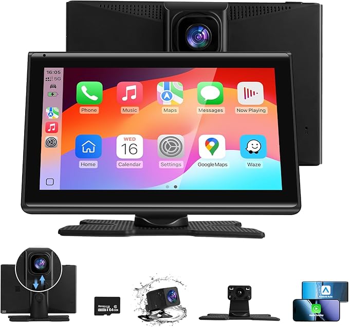 7" Wireless CarPlay Screen for Car- 4K Touchscreen, 4K Dash Cam &1080P Rear Camera，64GB SD Card，Apple CarPlay & Android Auto, Bluetooth, GPS, Voice Control, Plug-and-Play with FM/AUX/Mirror Link