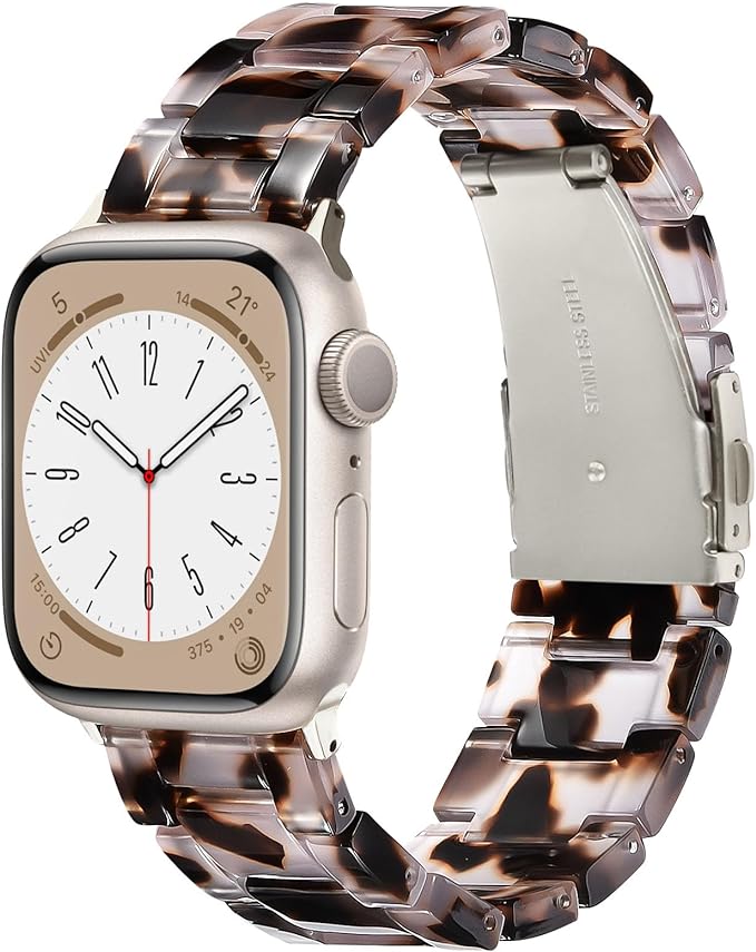 V-MORO Resin Bands Compatible with Apple Watch Series 11/10/9/8/7 Band Starlight Stainless Steel Buckle iPhon Watch Strap for iwatch Series SE/6/5/4/3/2/1 Women Men 42mm/41mm/40mm/38mm(Clear Tortoise)