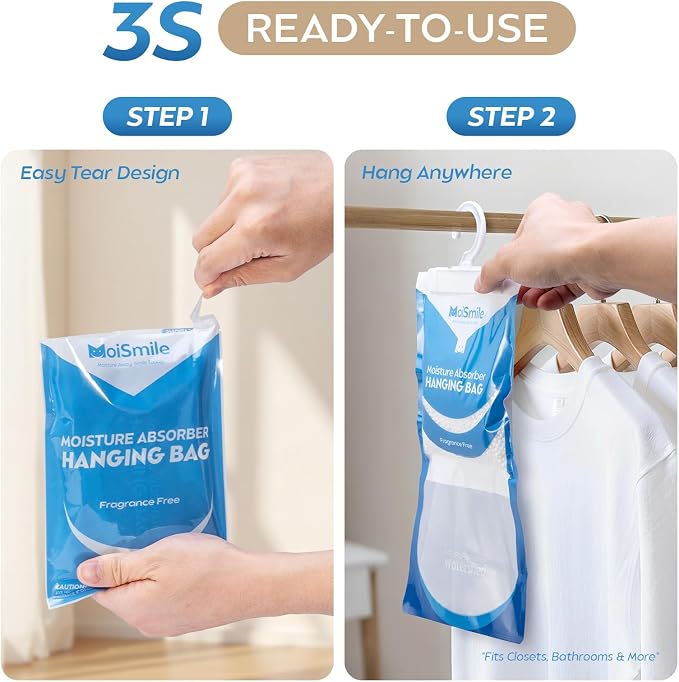 Moisture Absorbers 20 Pack Fragrance Free, Hanging Closet Dehumidifier Bags, Humidity Absorber, Compact Eliminates Odors for Car, Bathroom, Bedroom, Basement, 9.8OZ