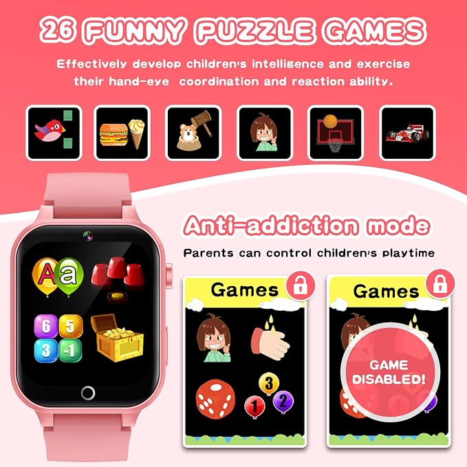 Kids Smart Watches Girls Age 6-12, 26 Games Touchscreen Kids Watch with Video Camera Music Player Learning Cards Audiostory Flashlight 12/24 hr Educational Toys Birthday Gifts for Girls Ages 6 7 8