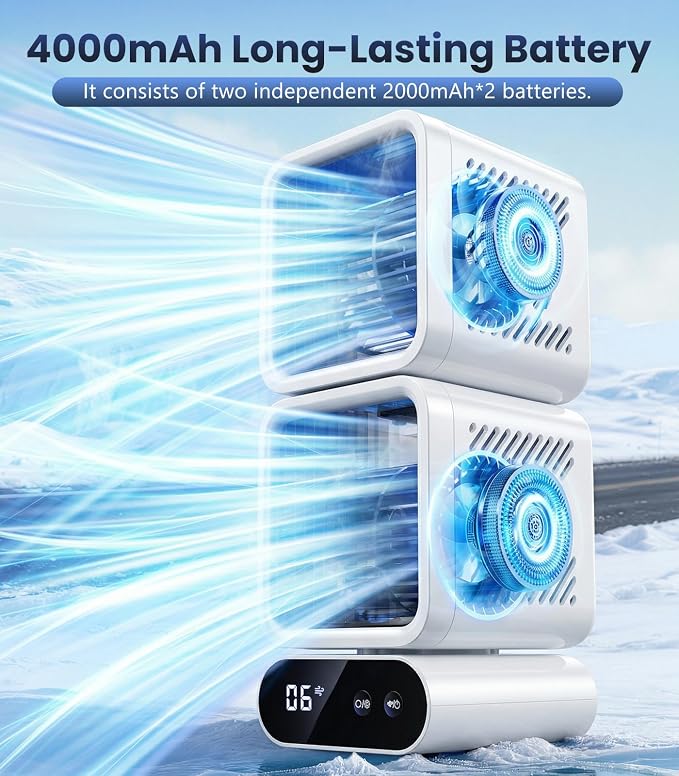 Dual-Head Desktop Fan， Portable Table Fan with Automatic Oscillation, Rechargeable Battery Operated, 12 Inch Small Quiet Fan for Bedroom, Office, Dorm & Home Use，6 Speeds,4000mAh Battery（White）