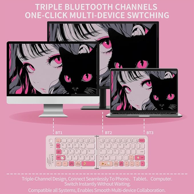 Foldable Bluetooth Keyboard with UV Printing Technology Rechargeable Keyboards,Compact Wireless Travel Keyboards for iPad, Smartphone, Tablet and Laptop - Z1 Pink Colorful