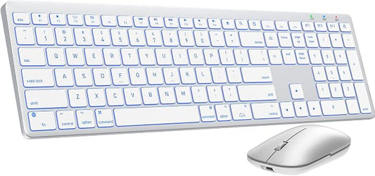 SABLUTE Bluetooth Keyboard and Mouse for Mac — 7-Color Backlit, Multi-Device, Rechargeable, KMA1pro Full-Size Wireless Keyboard Mouse Combo with Quiet Scissor-Switch Keys for Mac (Silver White)