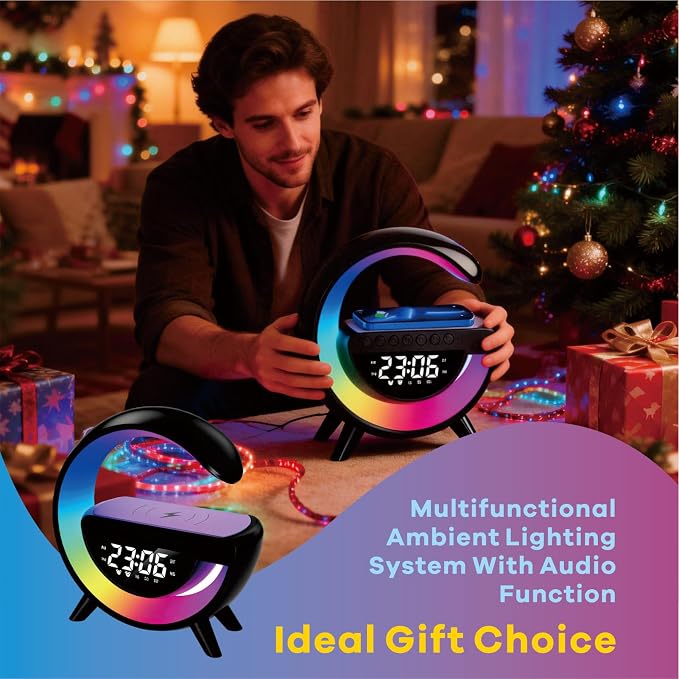 Smart Wireless Charging Table Lamp, Multifunctional Bluetooth Speaker & Alarm Clock - LED Bedside Desk Lamp Night Light for Heavy Sleepers, Superfine Bedroom Home Decoration (Black)