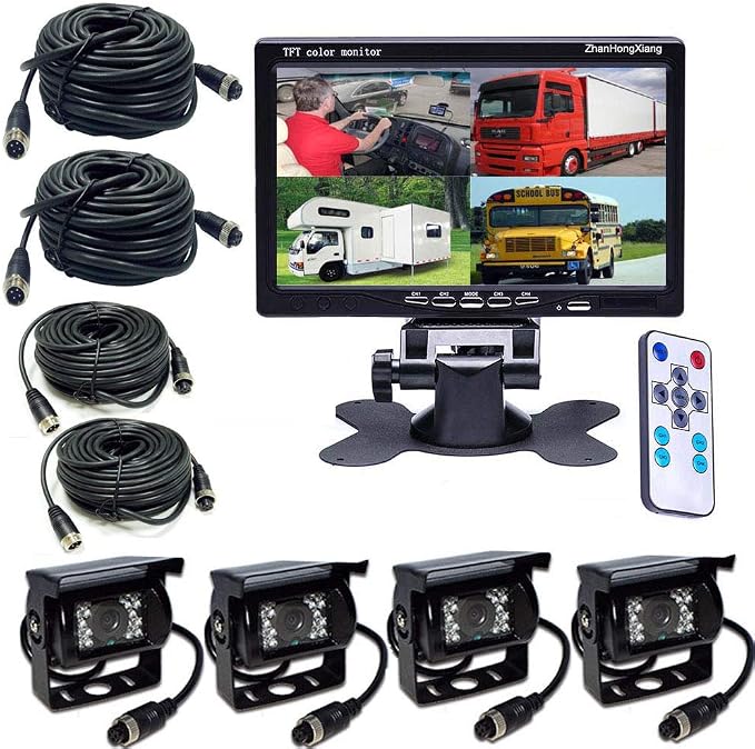 HD 1080P Backup Camera 7" Monitor,4X 4 Pin AHD Car Reverse Rear View Mirror Wired Camera Kit + 7 inch IPS 4-Split Monitor for Bus Truck Trailer RV Heavy Duty A701