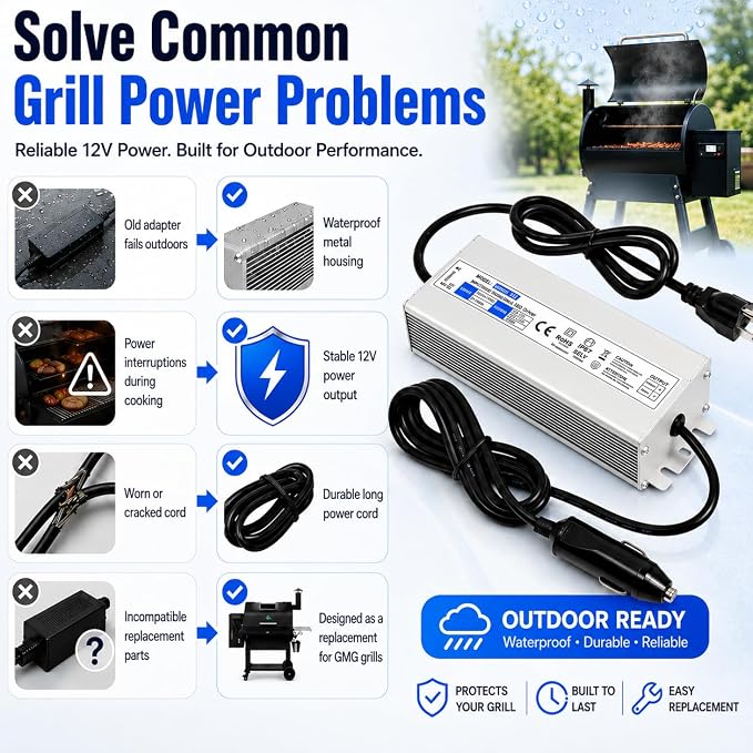 12V Waterproof Power Adapter for GMG Green Mountain Grill Jim Bowie | Daniel Boone, Davy Crockett Prime/Prime Plus Grill, P-1001P-1266 Power Cord Replacement Part for Ledge Peak Trek