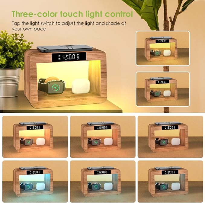 Bamboo Wireless Charging Station, Night Light with Digital Alarm Clock, Nightstand Charging Station for Apple Devices, Fast Wireless Charger for iPhone/Apple Watch/AirPods Pro