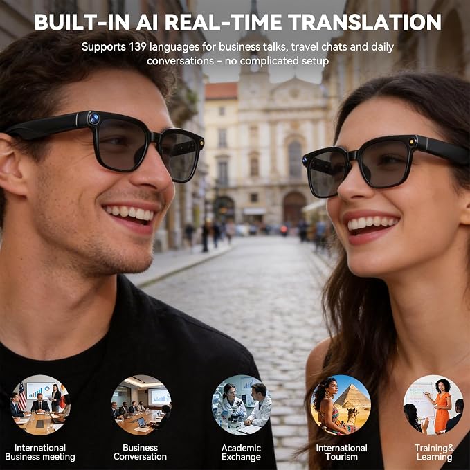 AI Smart Glasses with Camera,8MP Camera Glasses,1080P Anti-Shake Video Recording, Real Time Translation,AI Voice Assistant,Object Recognition,Bluetooth Sunglasses for Men Women(Black Lenses)