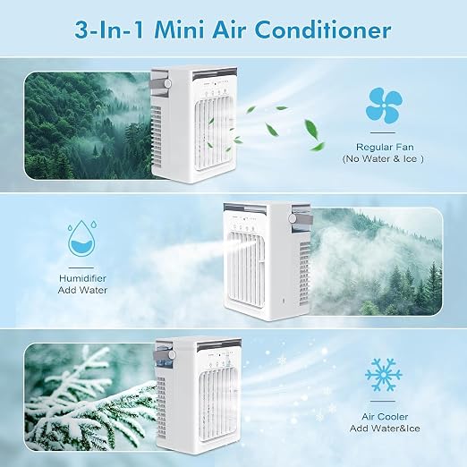Portable Air Conditioners, 4-Speed Mini Air Conditioner, 3-in-1 Personal Cooling Fan, Small AC Unit with 1000ml Water Tank, 2/4/6H Timer, USB Powered (5V 2A Adapter Included) for Bedroom Office Desk