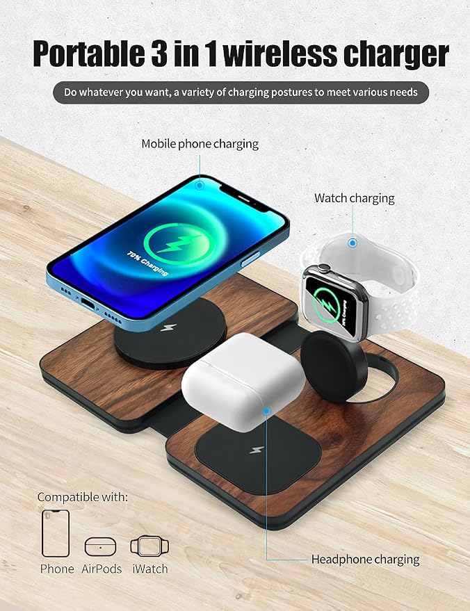 3-in-1 Charging Station for Apple Devices, Fast Mag Safe Wireless Charger, Foldable Travel Charger for Cell Phone 16-12 Series, AirPods, and iWatch Series (wulnut Wood)