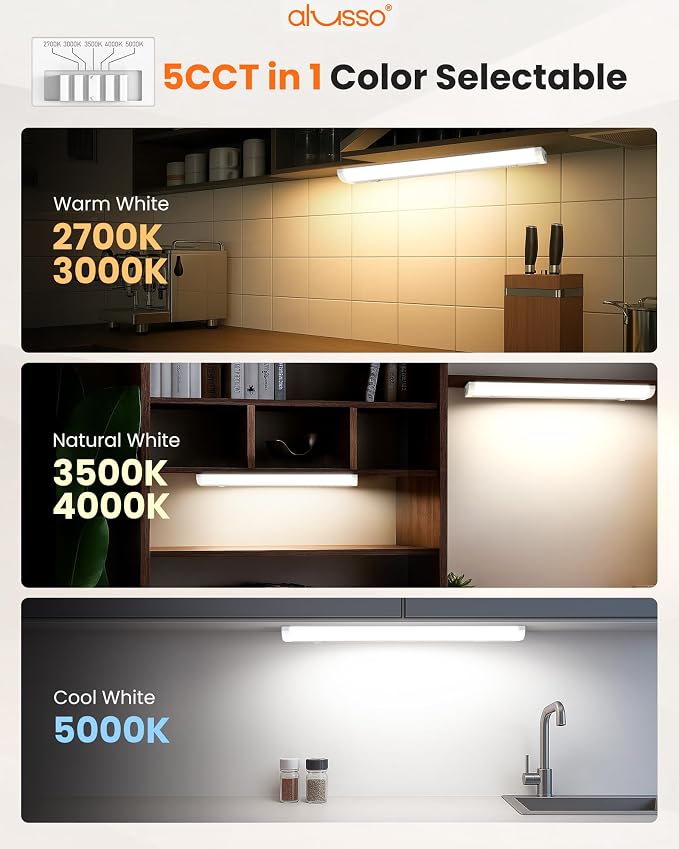 ALUSSO 18 Inch LED Under Cabinet Lighting Hardwired & Plug in 120V, 5CCT Color Selectable 2700K-5000K Dimmable 10W 850LM High Brightness, Strip Linkable Under Counter Lights for Kitchen Sink, 1 Pack
