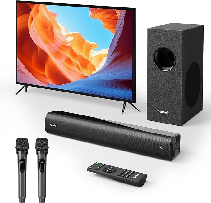 Sound Bar for Smart TV, Karaoke Sound Bar with Wireless Microphones, 2.1CH Soundbar with Subwoofer, BT 5.3 Surround Sound System for TV, Home Theater Soundbar Speakers with Bluetooth/ARC/AUX for Party