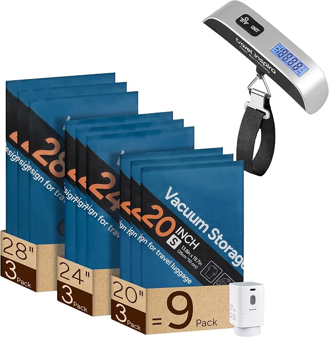 travel inspira Travel Essentials Kit: Luggage Scale + Oxofrd 9 Pack Vacuum Storage Bags