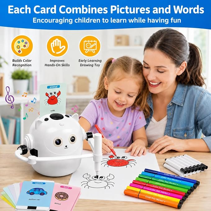 Drawing Robot for Kids with Music, Interactive Educational Drawing Machine with 100 Drawing Cards & 16 Color Pens, Magic Painting Learning Toy Gift for Girls and Boys Age 3 4 5 6 7 8