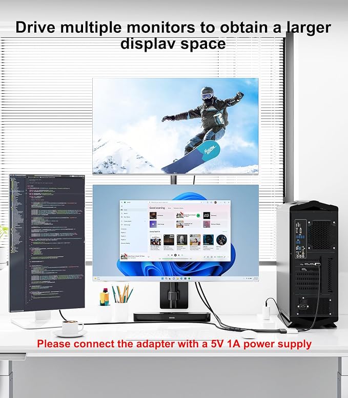 DisplayPort to Dual HDMI with DP Adapter (4K@60Hz) Extended Display 1 in 3 Out MST Hub for Multiple Monitors Compatible for Graphics Card, PC, NVIDIA, AMD
