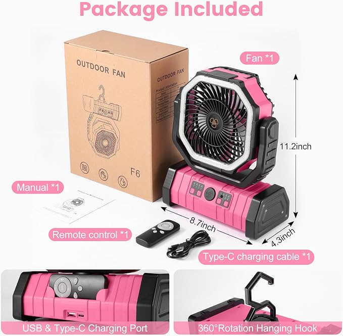 Odoland 30000mAh Camping Fan with LED Lantern, Rechargeable Battery Operated Oscillating with Remote Hook, Portable Tent Fan with Timer, 4 Speeds for Outdoor RV Jobsite Power Outage, Pink