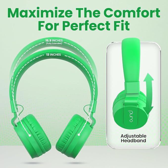 Puro Sound Labs Kids Wired Headphones – Volume-Limiting & Adjustable, Safer & Comfortable Headphones for Kids – Compatible with PCs, Smartphones & Tablets, Ideal for School & Travel – PuroBasic, Green