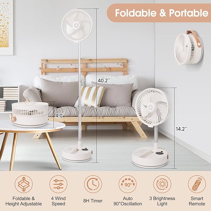 10800mAh Oscillating Portable Fan, Foldable Rechargeable Standing Fan with Remote, 4 Speeds, 2-8H Timer, Aroma Diffuser, 3-Level Night Light, Quiet Cooling for Camping Travel Office Bedroom