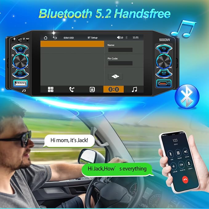 Car Stereo with Wireless Apple Carplay & Android Auto, 5" IPS Single Din Touchscreen Radio, Bluetooth 5.2, Physical Knob Control, Waterproof Backup Camera, FM AM, MirrorLink, USB/Type-C, Navigation