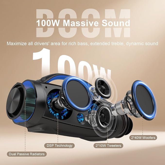DOSS Extreme Boom Pro 100W Portable Speaker, 2+2 Channel, Deep Bass, IPX6 Waterproof, Bluetooth 5.3, 20H Playtime, Power Bank, Dynamic Lights, Outdoor Speaker for Camping, Beach, Poolside - Blue
